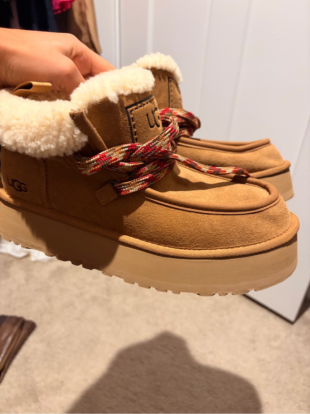 UGG Women Chestnut Suede Shearling-Lined Boot with Plaid Laces - Picture 3 of 8